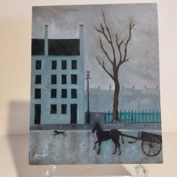 Rainy Street in England Oil Painting Art w/ Easel - Picture 2 of 9